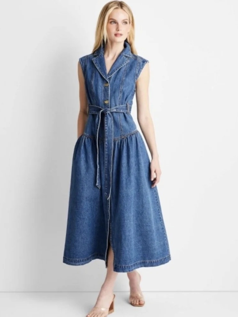 Sleeveless Blue Denim Midi Dress with Self-Tie Waist